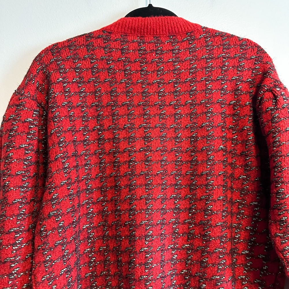 MNG Mango Houndstooth Wool Blend Knit Sweater Size S Red Black Metallic - Picture 10 of 13